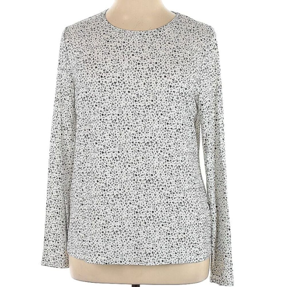 Chico's White & Black Polka Dot Rayon Blend T-Shirt Scoop Neck Long Sleeve Sz M